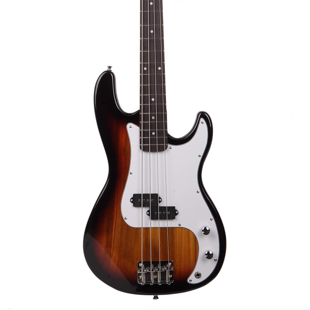 Bonnlo Electric Bass Guitar 4 Strings Full Size for Beginner Exquisite Basswood Burning Bass with Bag, Strap and Accessories (Sunset)