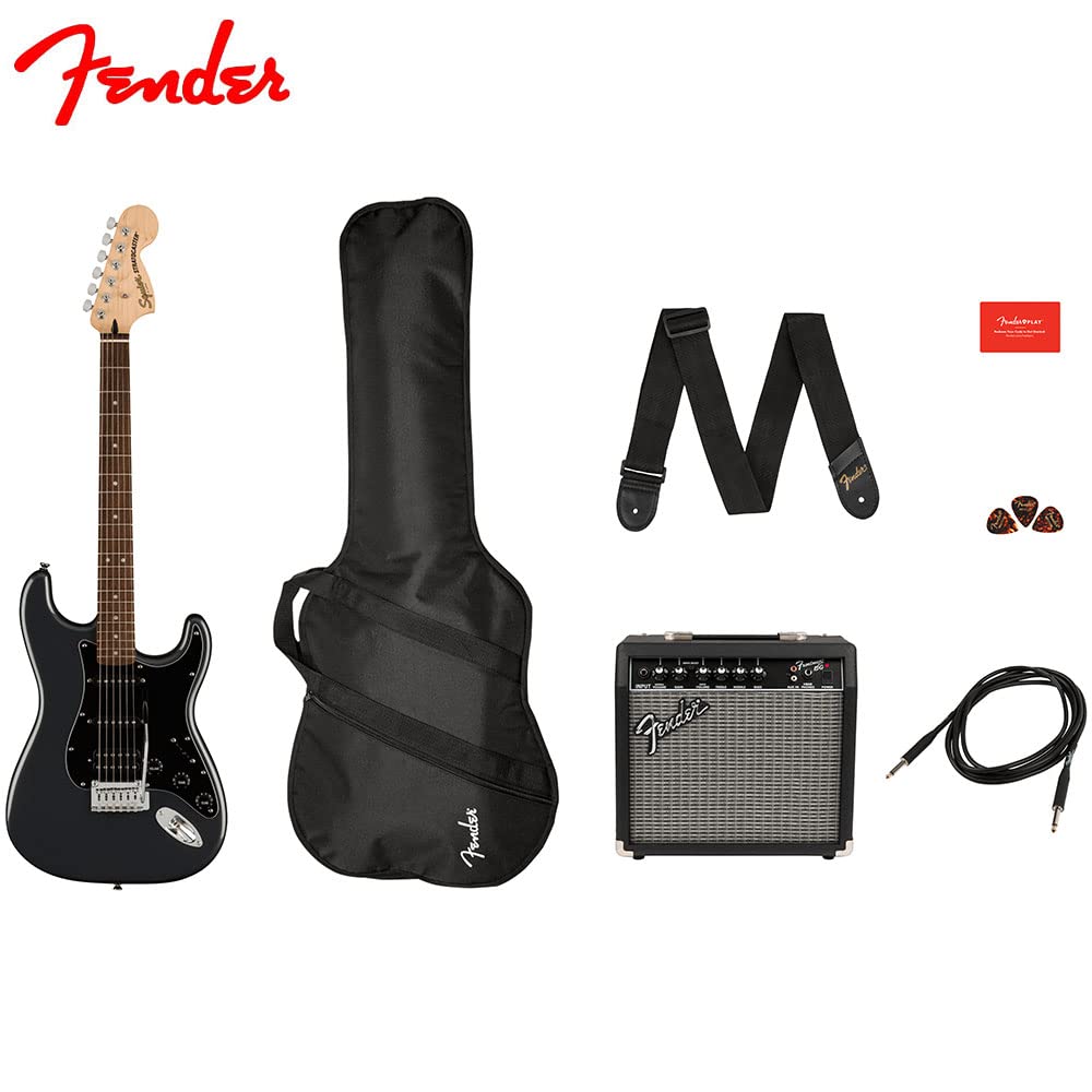 Squier by Fender Affinity Stratocaster HSS Electric Guitar Pack, Charcoal Frost Metallic, Gig Bag, Fender Frontman 15W Amp, Picks, Strap, Cable, Comes with Free Virtual Lessons