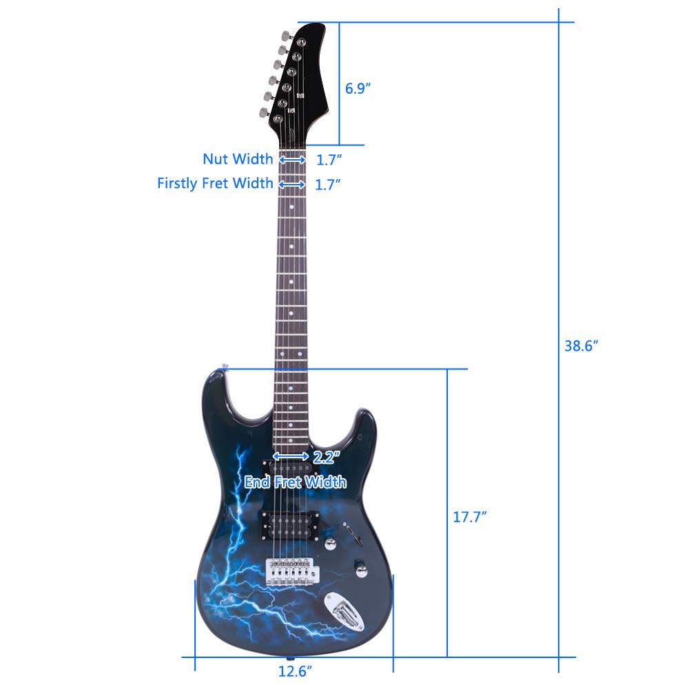 LALAHO Full Size Electric Guitar, 39" H-H Pickups Beginner Electric Guitars Kit with Shoulder Strap, Bag, Cable and Tremolo Arm (Lightning Blue)