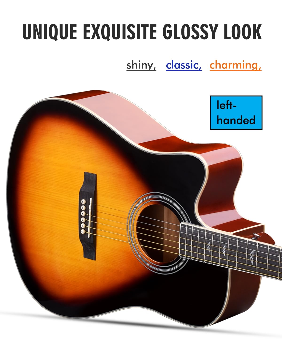 Winzz 4/4 Electro Acoustic Guitar, Left-Handed Western Guitar Set, Adult Beginners, Acoustic Guitar 41 Inch with 4-Band Equaliser (Dreadnought,Glossy Sunburst)