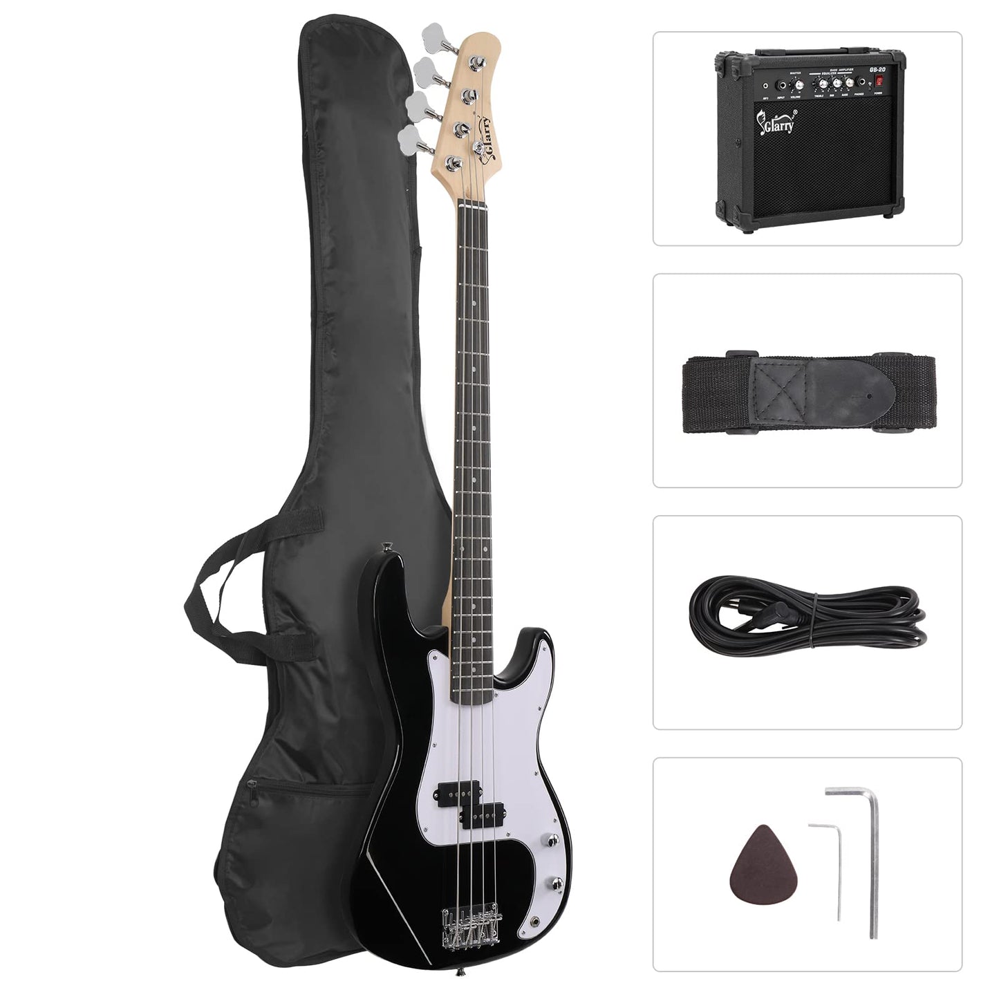 Bonnlo Electric Bass Guitar Kit for Beginners, Full Size 4/4 Bass with 20W amplifier and Bag, Cable, Strap, Stand,Strings, Maple Body, Ideal Starter Set for New Musicians Learner, Black