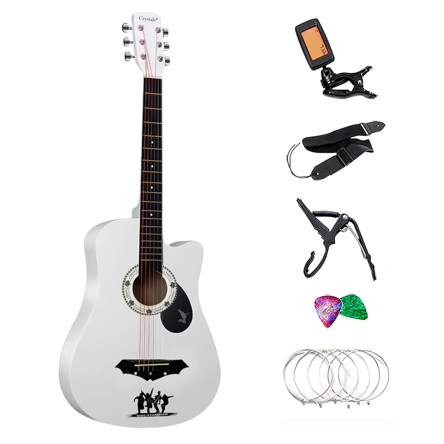 4/4 Size 38" Classic 6 Strings Acoustic Guitar Full Package Pack with Accessories (White)