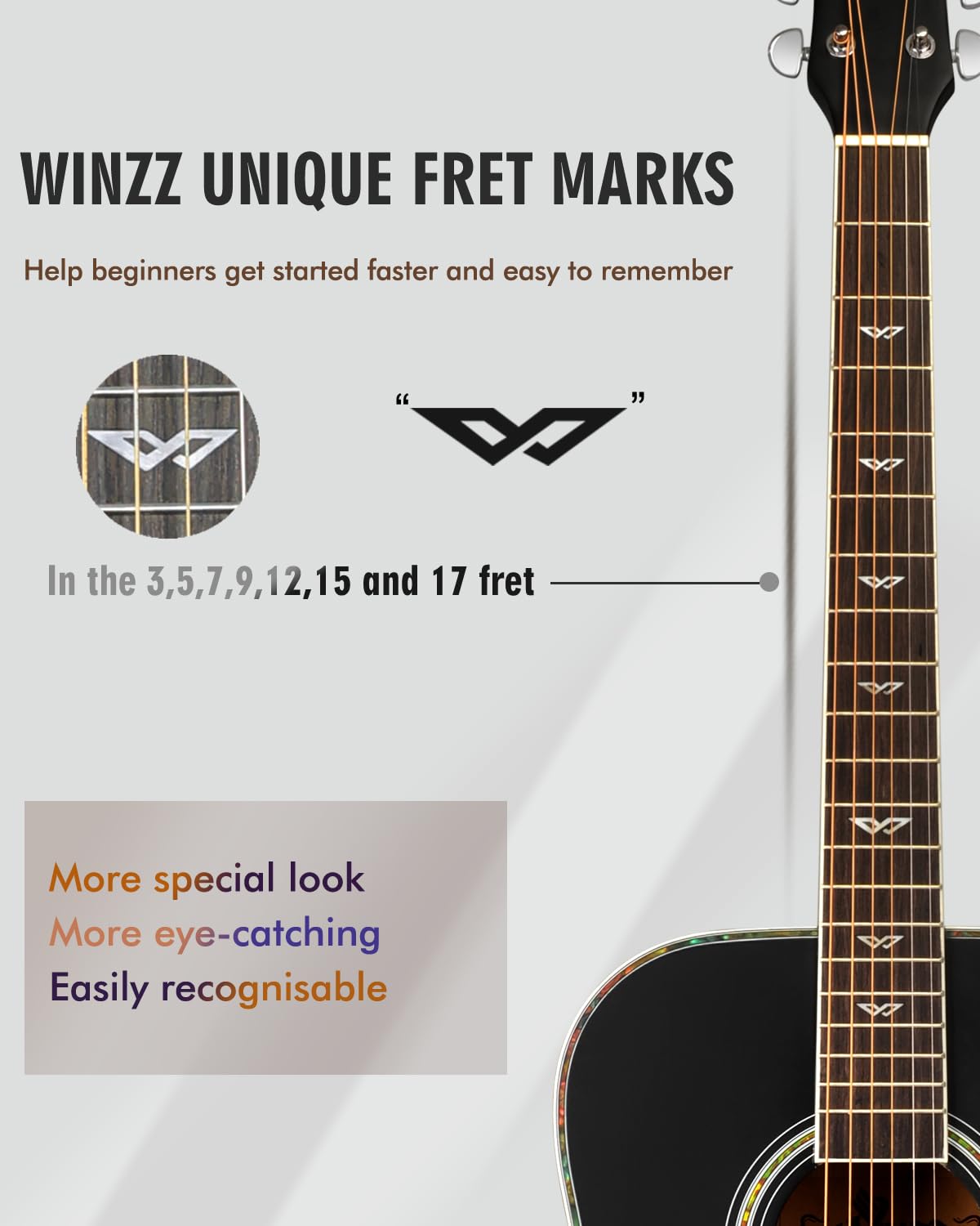 Winzz Acoustic Guitars Full Size, 4/4 Folk Guitar for Beginners Adults, Acoustic Steel-string Guitar Black (41 Inches)