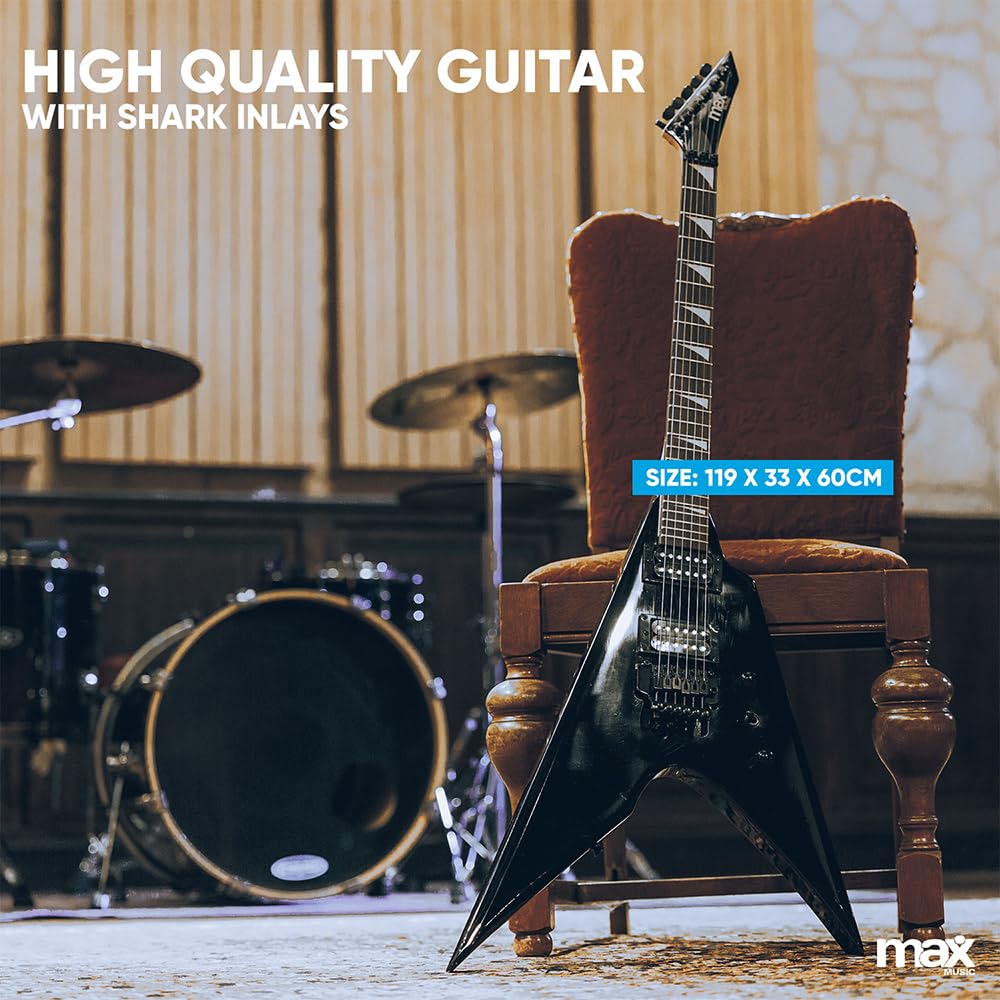 Max GigKit Beiginner Electric V Guitar Package with Amplifier, Stand, Footrest, Tuner, Strap, Bag & Strings Set - Black