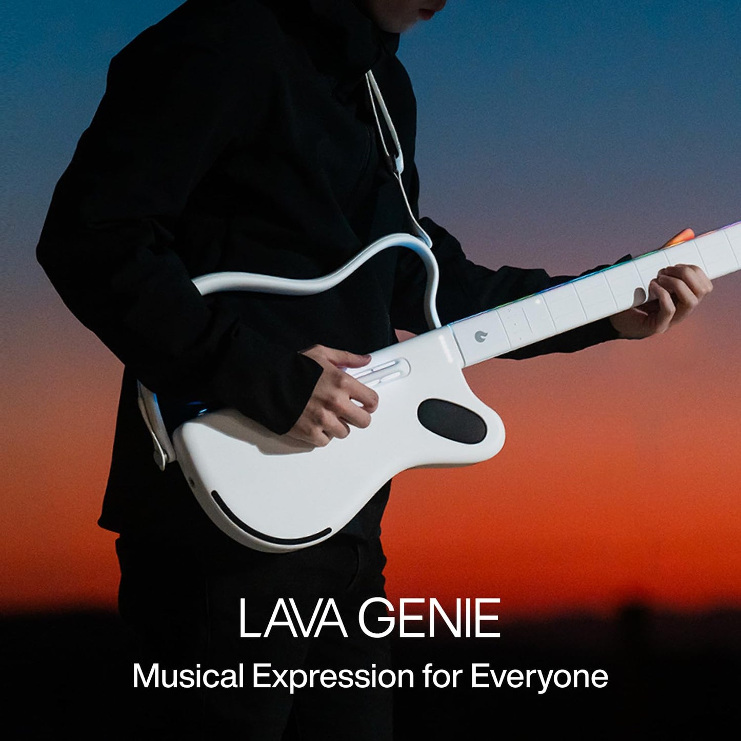 LAVA GENIE Sampler Guitar, No String Attached, Hundreds of Instrument Presets, Onboard Speaker, Foldable, Detachable, White, 30.5 inch.
