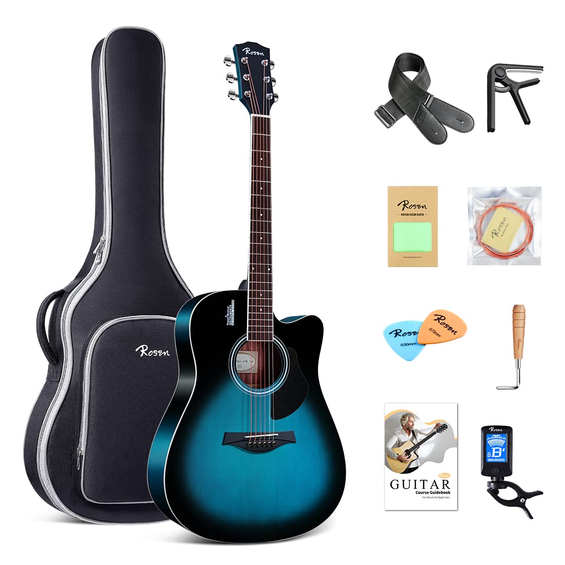 Rosen Acoustic Guitar 41 Inches 4/4 Solid Top Dreadnought Spruce Guitar Beginner Bundle with Book, Padded Bag, Strings, Picks, Tuner, Hexwrench, Strap, Polishing Cloth,blue