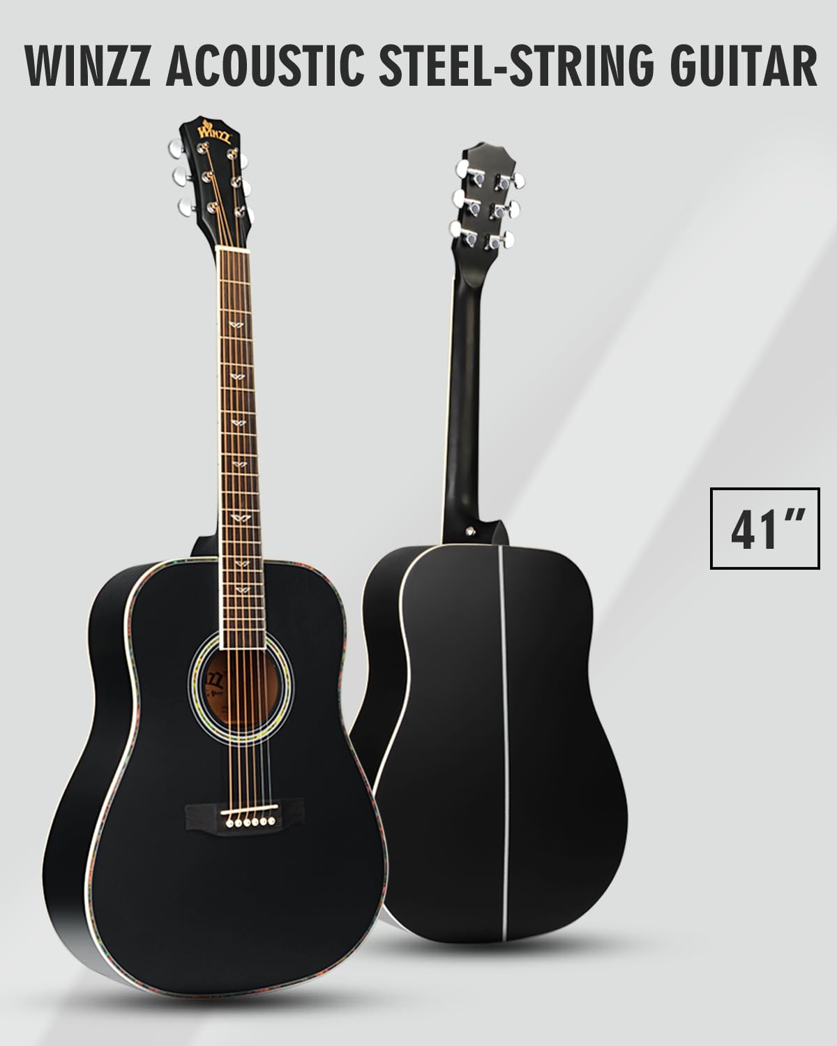 Winzz Acoustic Guitars Full Size, 4/4 Folk Guitar for Beginners Adults, Acoustic Steel-string Guitar Black (41 Inches)