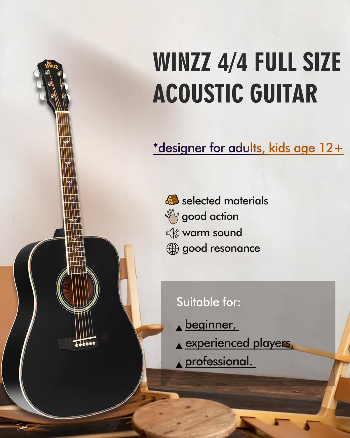 Winzz Acoustic Guitars Full Size, 4/4 Folk Guitar for Beginners Adults, Acoustic Steel-string Guitar Black (41 Inches)