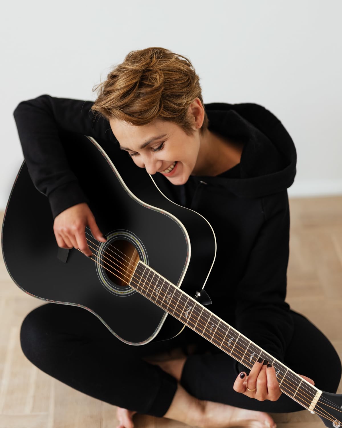 Winzz Acoustic Guitars Full Size, 4/4 Folk Guitar for Beginners Adults, Acoustic Steel-string Guitar Black (41 Inches)