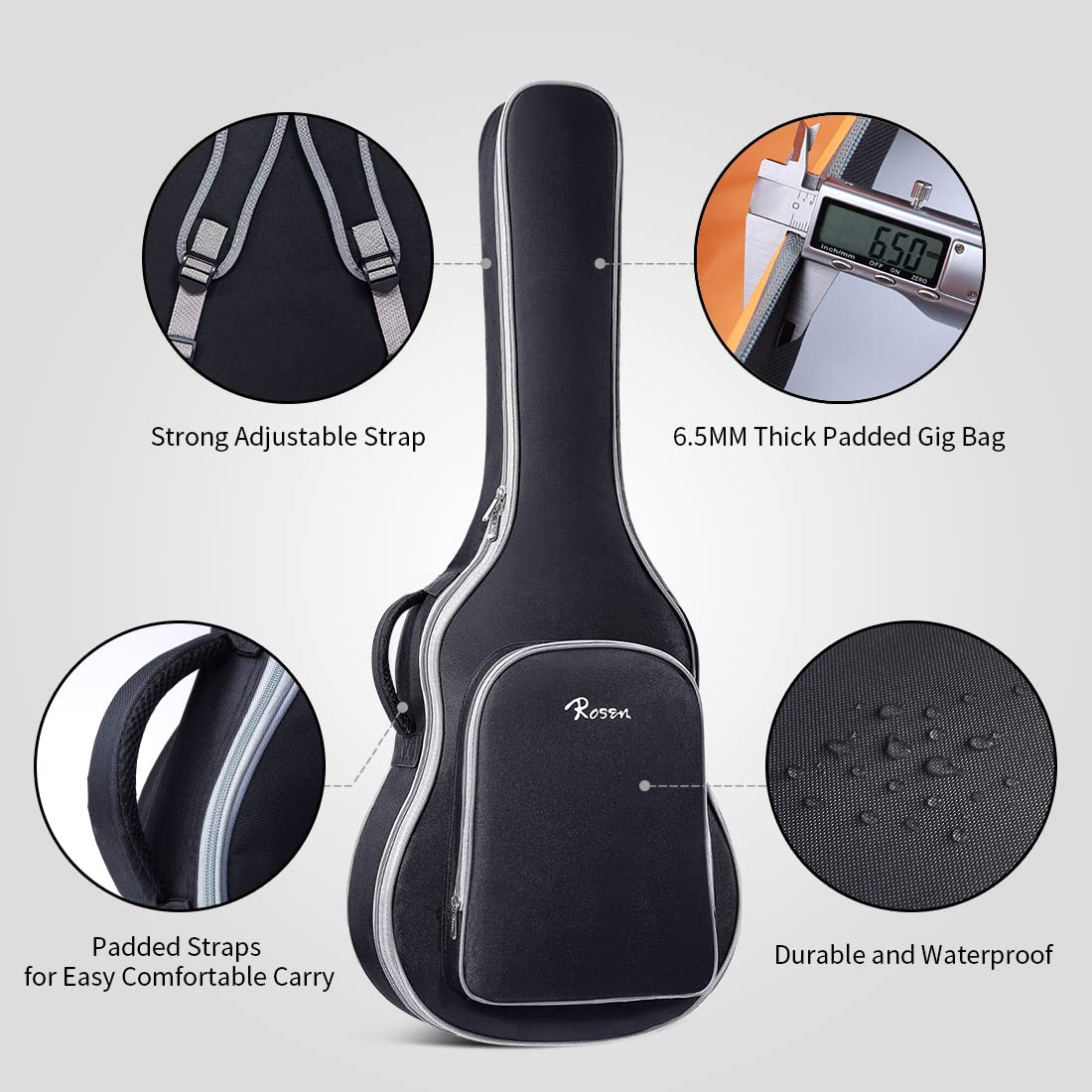 Rosen Acoustic Guitar 41 Inches 4/4 Solid Top Dreadnought Spruce Guitar Beginner Bundle with Book, Padded Bag, Strings, Picks, Tuner, Hexwrench, Strap, Polishing Cloth,blue