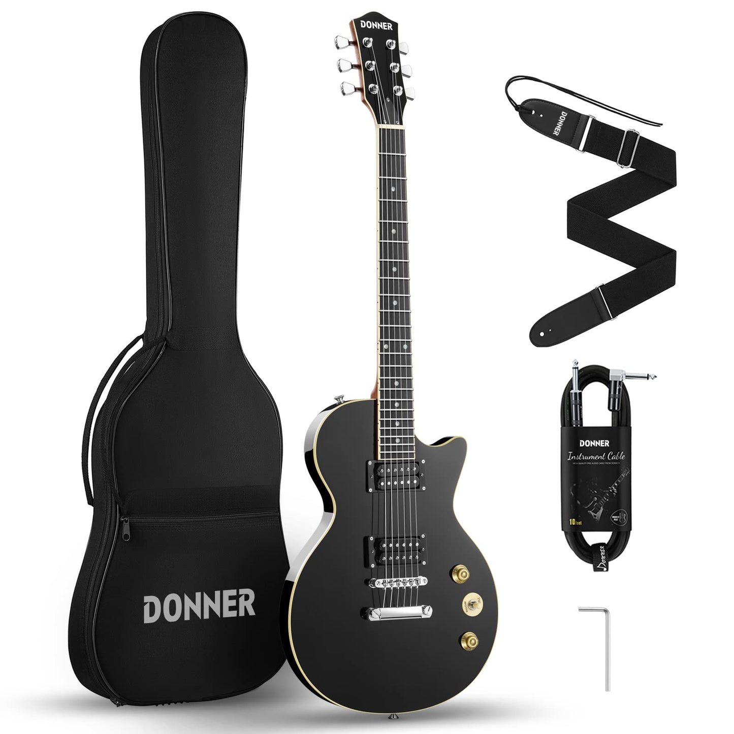 Donner LP Electric Guitar Kit Full Size Guitar Starter Set 39 Inch Solid Body with Bag, Strap, Cable (LP Style, Black)