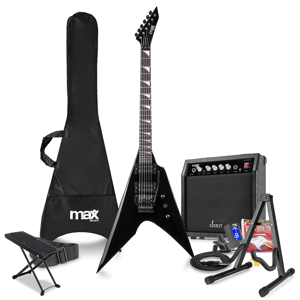 Max GigKit Beiginner Electric V Guitar Package with Amplifier, Stand, Footrest, Tuner, Strap, Bag & Strings Set - Black
