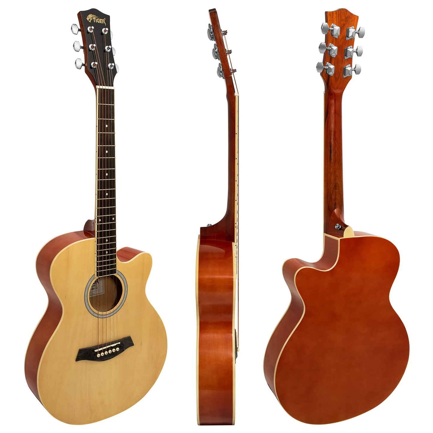 TIGER ACG1-NT34 3/4 Size Acoustic Steel String Guitar - Small body Acoustic Guitar for Ages 9+ with Bag, Strap, Spare Strings and Plectrums - Natural - Now with 6 Months Free Lessons Included