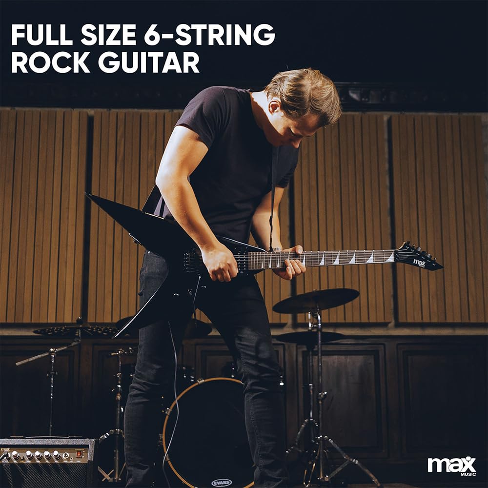 Max GigKit Beiginner Electric V Guitar Package with Amplifier, Stand, Footrest, Tuner, Strap, Bag & Strings Set - Black