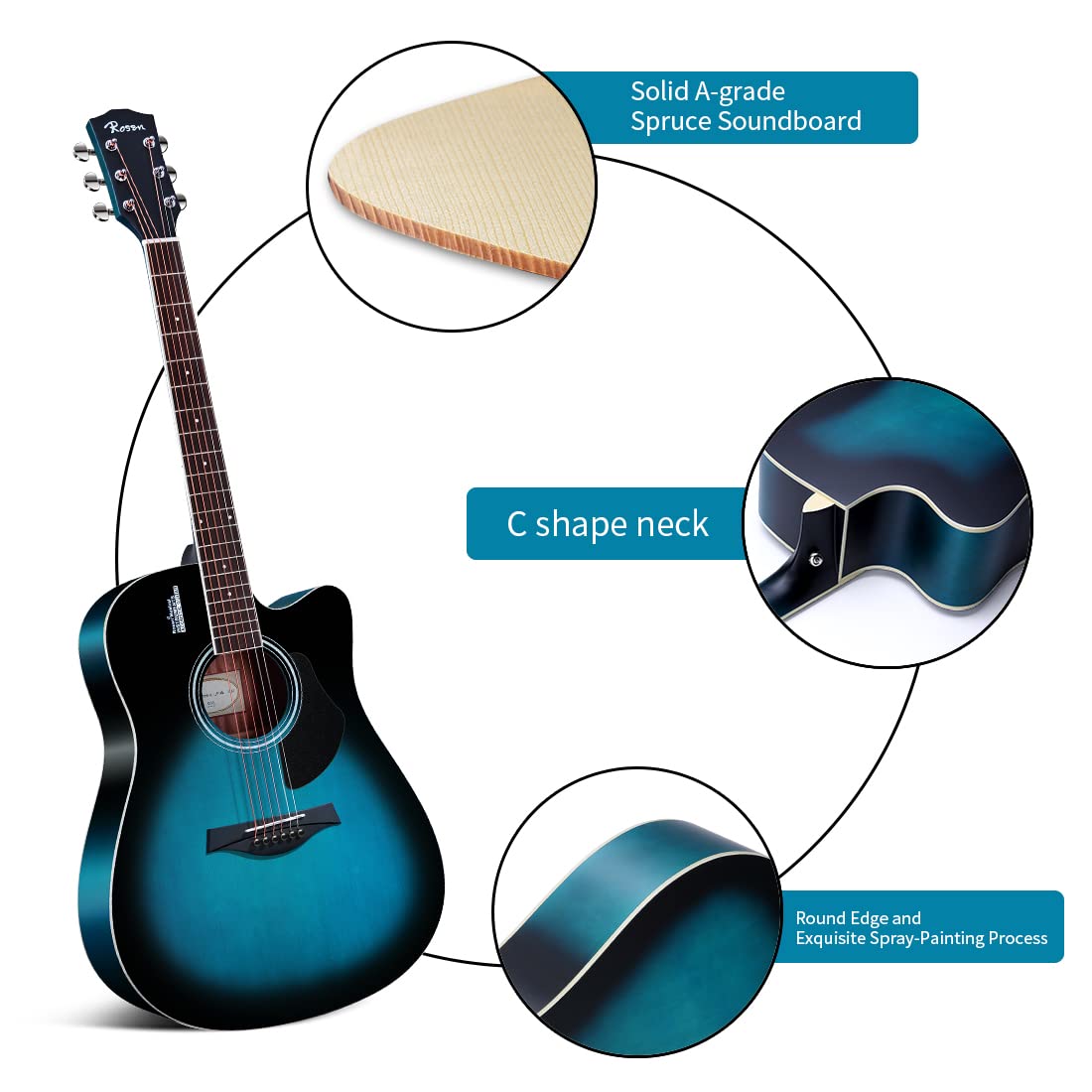 Rosen Acoustic Guitar 41 Inches 4/4 Solid Top Dreadnought Spruce Guitar Beginner Bundle with Book, Padded Bag, Strings, Picks, Tuner, Hexwrench, Strap, Polishing Cloth,blue