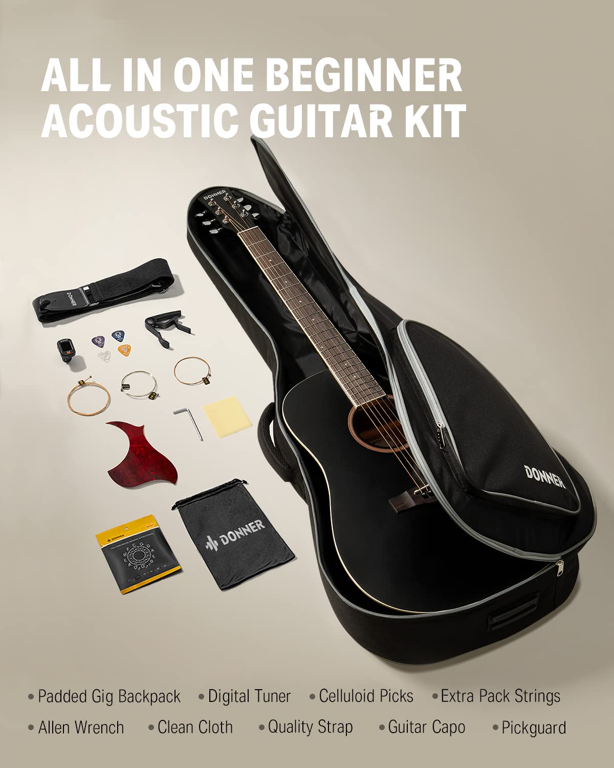 Donner Guitar Acoustic Full Size 4/4 Guitar Cutaway Beginner Adult Guitar 41 inch Kit with Gig Bag Tuner Strap Strings Capo Picks(Black)