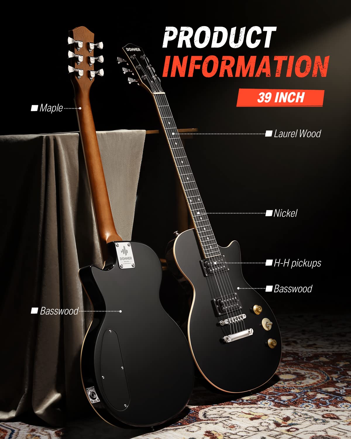 Donner LP Electric Guitar Kit Full Size Guitar Starter Set 39 Inch Solid Body with Bag, Strap, Cable (LP Style, Black)