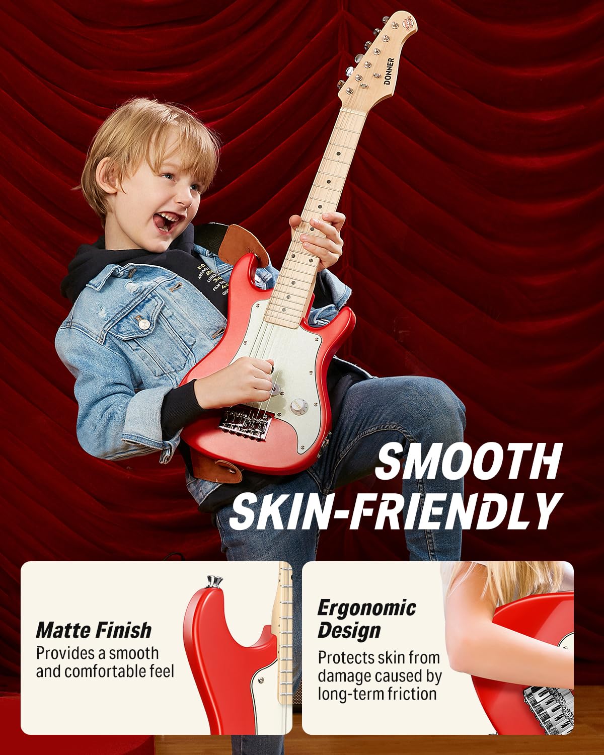 Donner 30 Inch Kids Junior Electric Guitar Beginner Kit ST Style Mini Guitar Premium Bundle with Amp, Tuner, Capo, Bag, Strap, String, Cable (DSJ-100, Red)