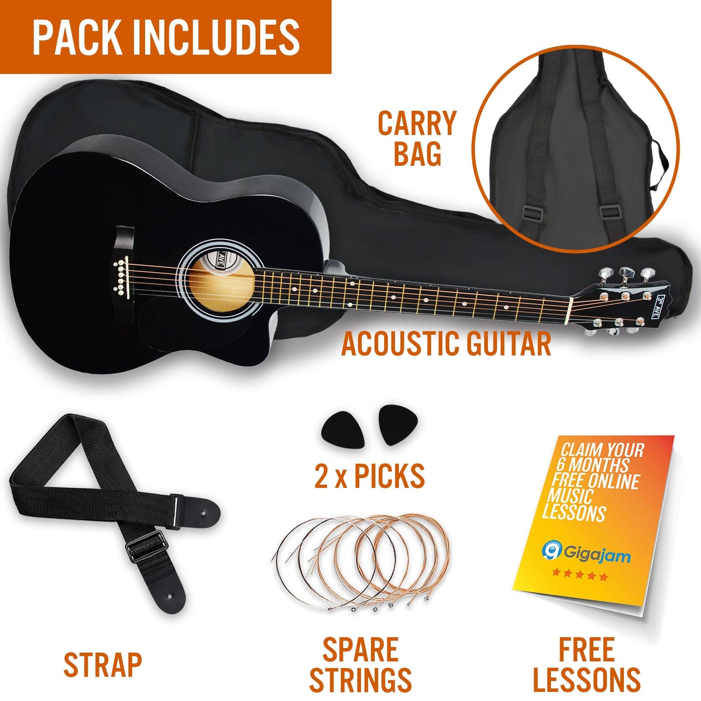 3rd Avenue Full Size 4/4 Cutaway Acoustic Guitar Pack Bundle for Beginners - 6 Months FREE Lessons, Bag, Strap, Picks and Spare Strings - Black
