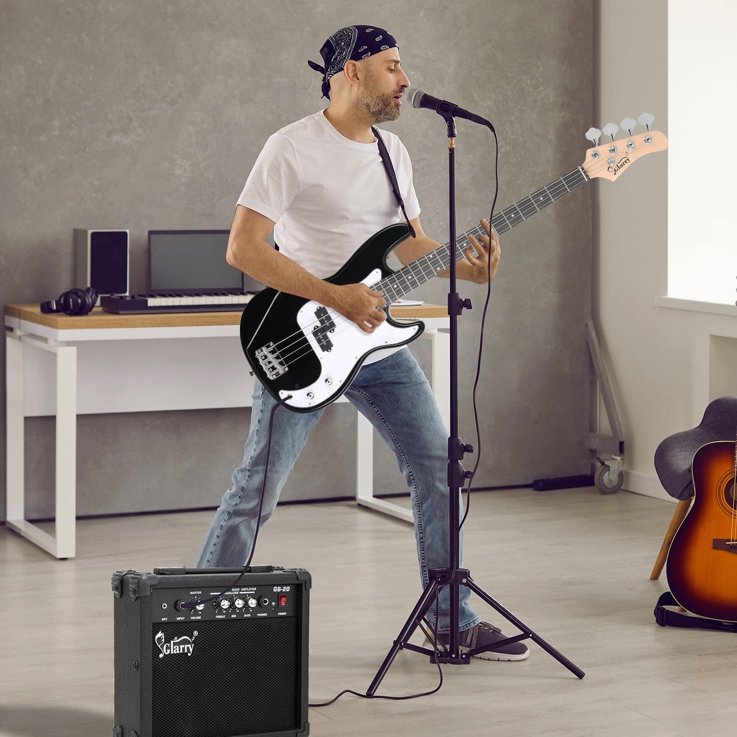 Bonnlo Electric Bass Guitar Kit for Beginners, Full Size 4/4 Bass with 20W amplifier and Bag, Cable, Strap, Stand,Strings, Maple Body, Ideal Starter Set for New Musicians Learner, Black