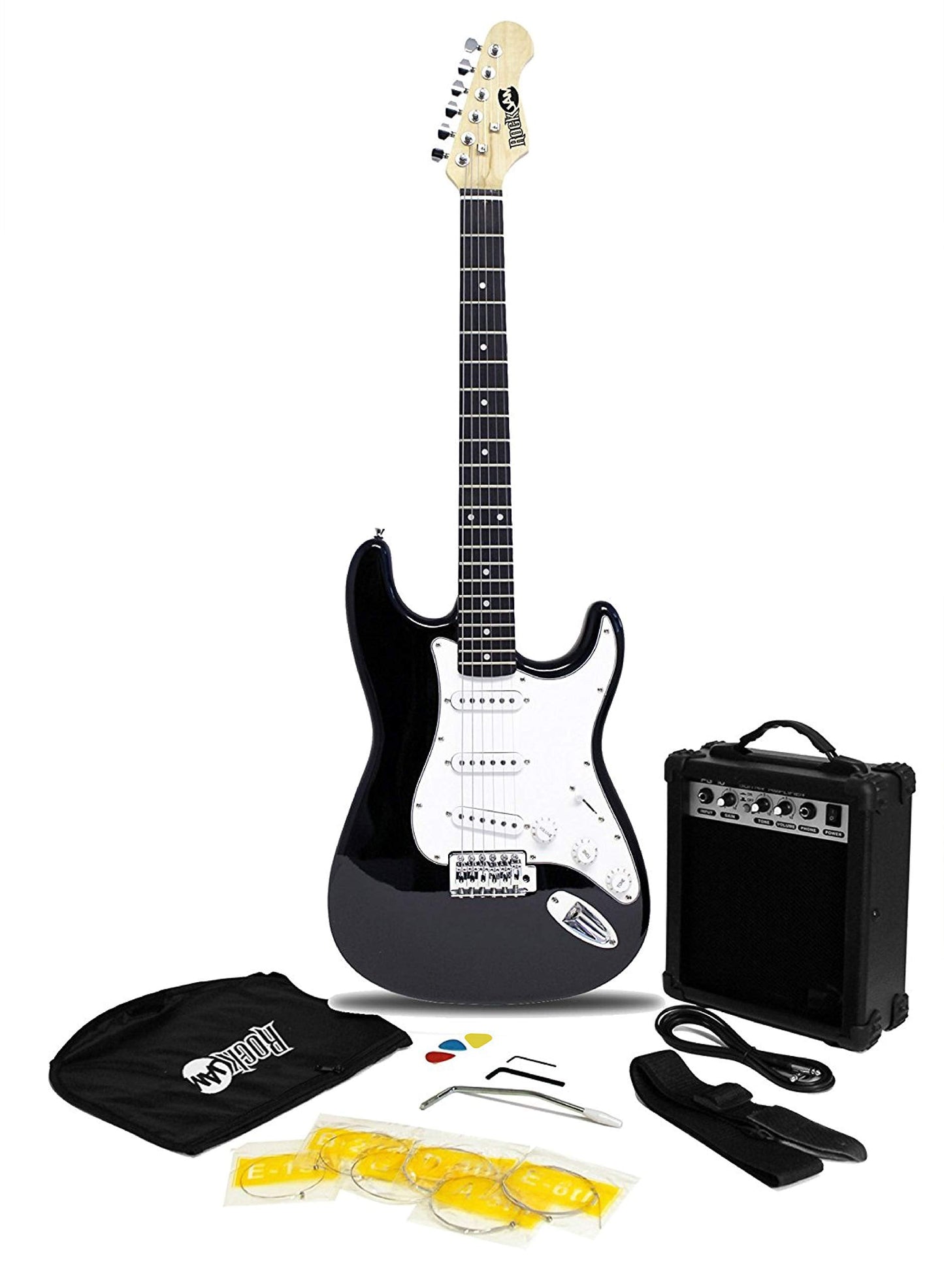 RockJam Full Size Electric Guitar Kit with 10-Watt Guitar Amp, Lessons, Strap, Gig Bag, Picks, Whammy, Lead and Spare Strings - Black