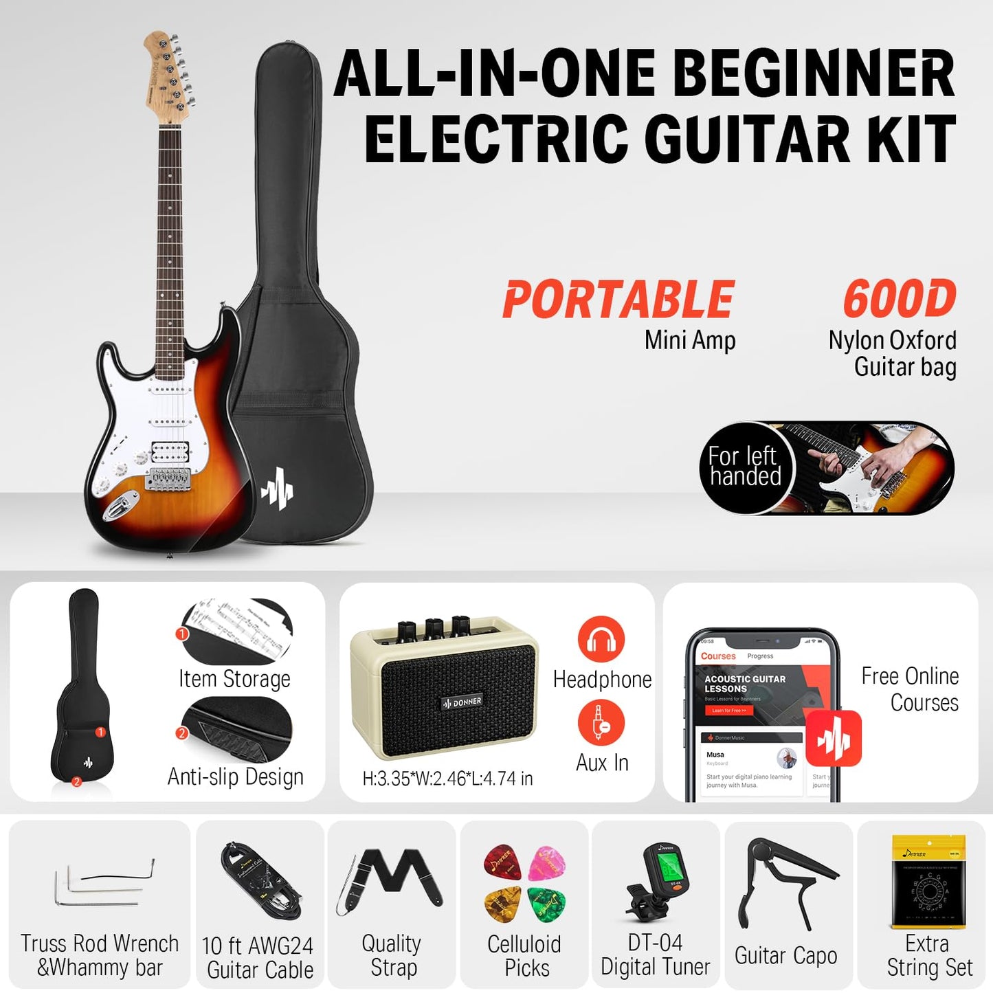 Donner 39 Inch Left-Handed Electric Guitar Kit Solid Body Sunburst Lefty Beginner Set Full-Size with Amplifier Bag Capo Strap String Tuner Cable Picks DST-100SL