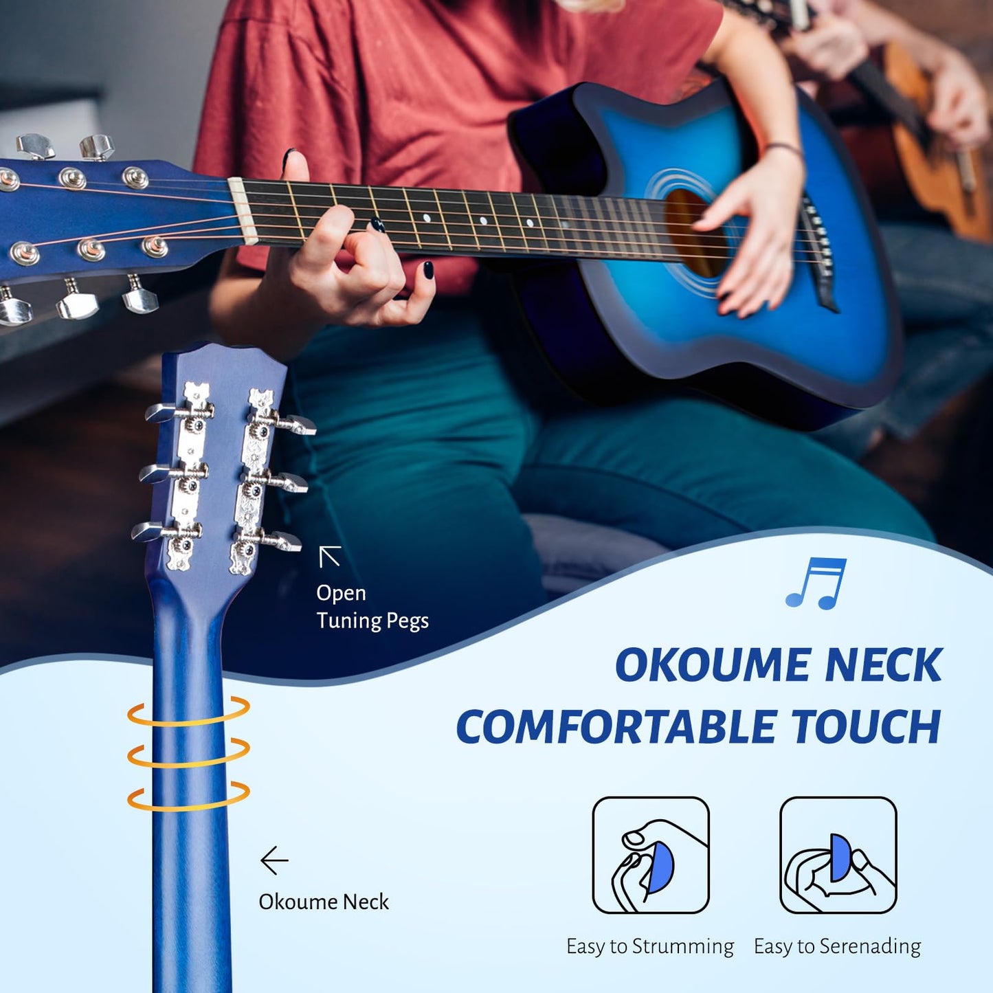 CAHAYA Full Size Acoustic Guitar 38 Inch Kit with Spare Strings, Bag, Strap, Picks, Capo, Stickers Blue, Model CY0354