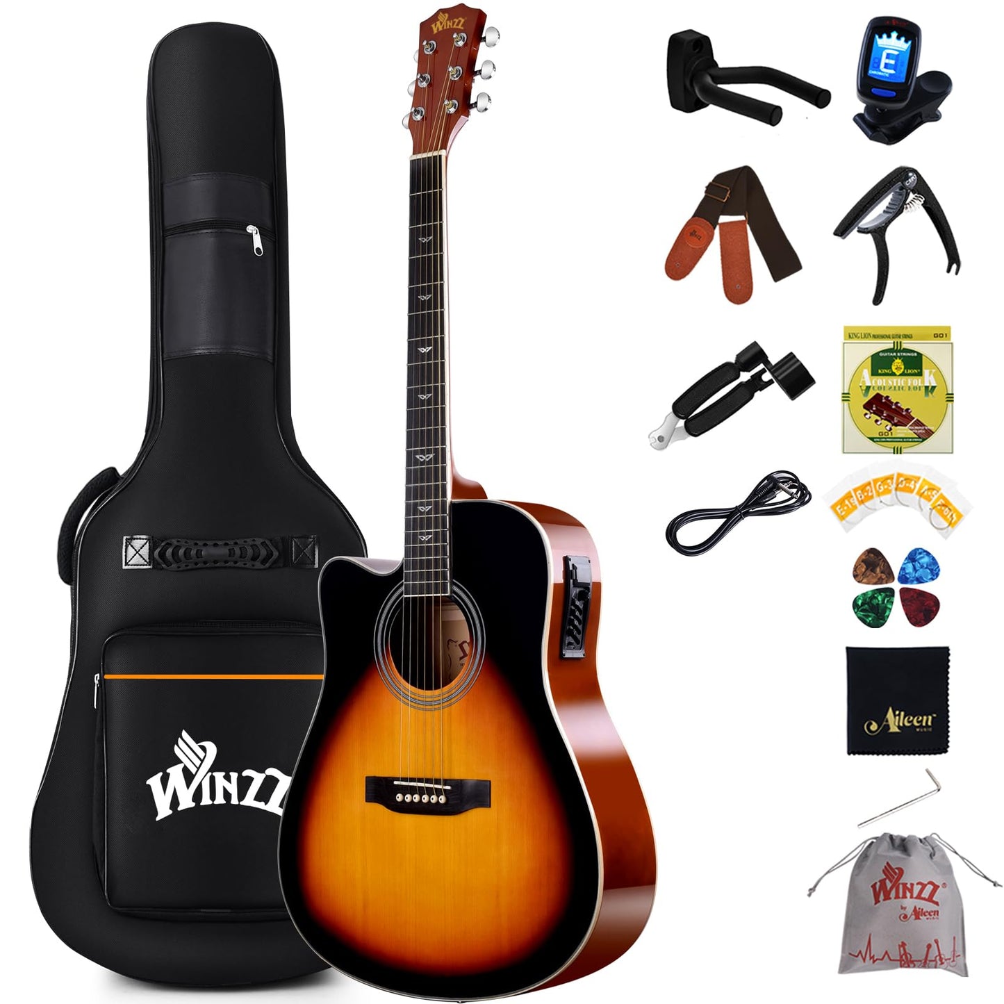 Winzz 4/4 Electro Acoustic Guitar, Left-Handed Western Guitar Set, Adult Beginners, Acoustic Guitar 41 Inch with 4-Band Equaliser (Dreadnought,Glossy Sunburst)
