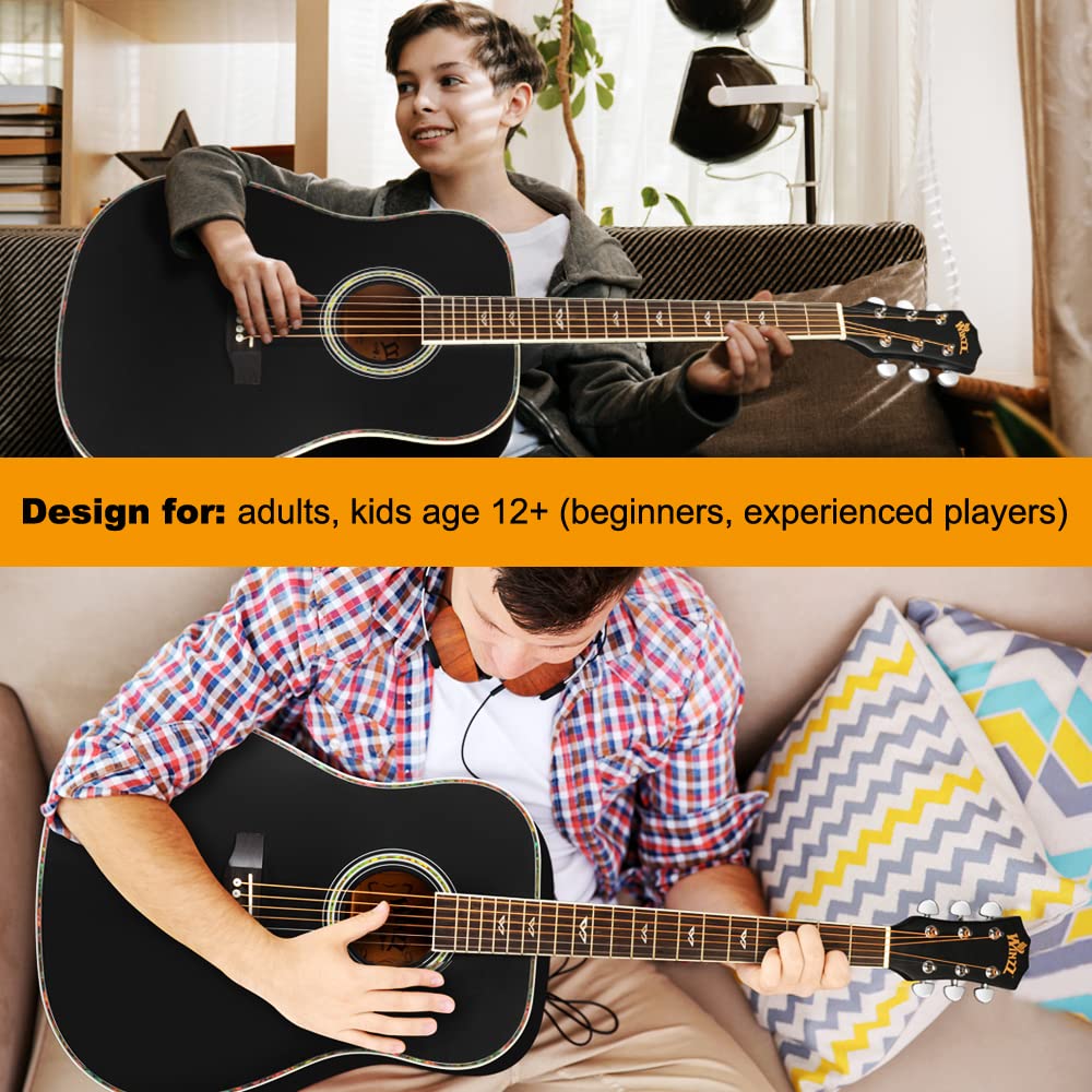 Winzz Acoustic Guitars Full Size, 4/4 Folk Guitar for Beginners Adults, Acoustic Steel-string Guitar Black (41 Inches)