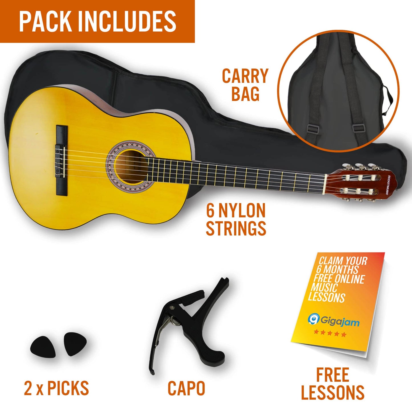 3rd Avenue XF Full Size 4/4 Classical Spanish Starter Beginner Pack Acoustic Guitar with Nylon Strings, Gig Bag, Capo and Picks – Natural