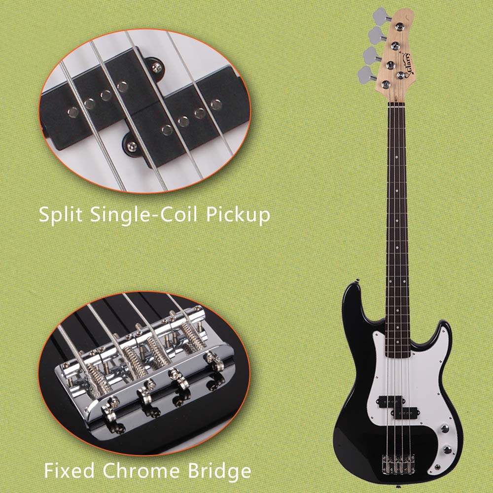Bonnlo Electric Bass Guitar Kit for Beginners, Full Size 4/4 Bass with 20W amplifier and Bag, Cable, Strap, Stand,Strings, Maple Body, Ideal Starter Set for New Musicians Learner, Black