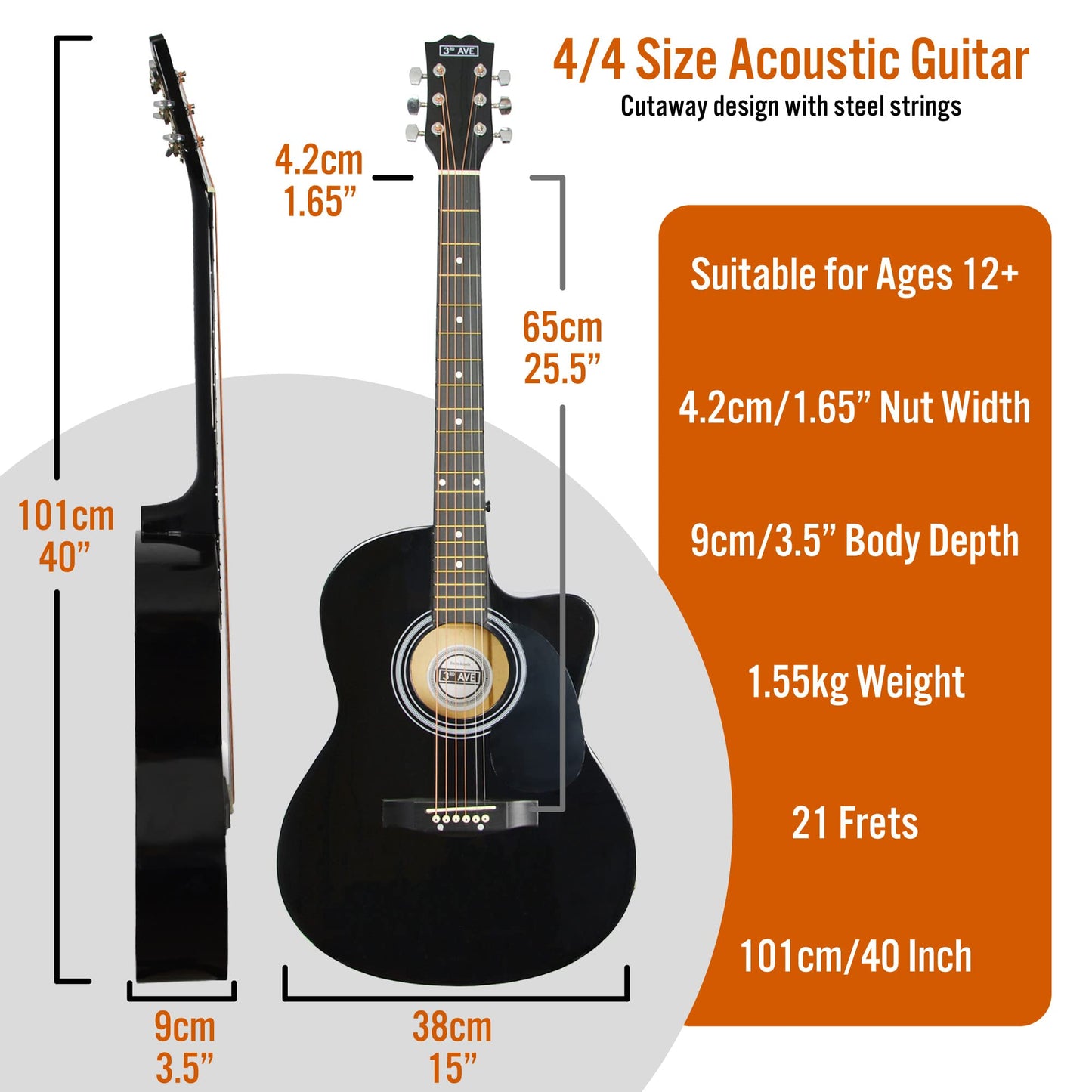 3rd Avenue Full Size 4/4 Cutaway Acoustic Guitar Pack Bundle for Beginners - 6 Months FREE Lessons, Bag, Strap, Picks and Spare Strings - Black