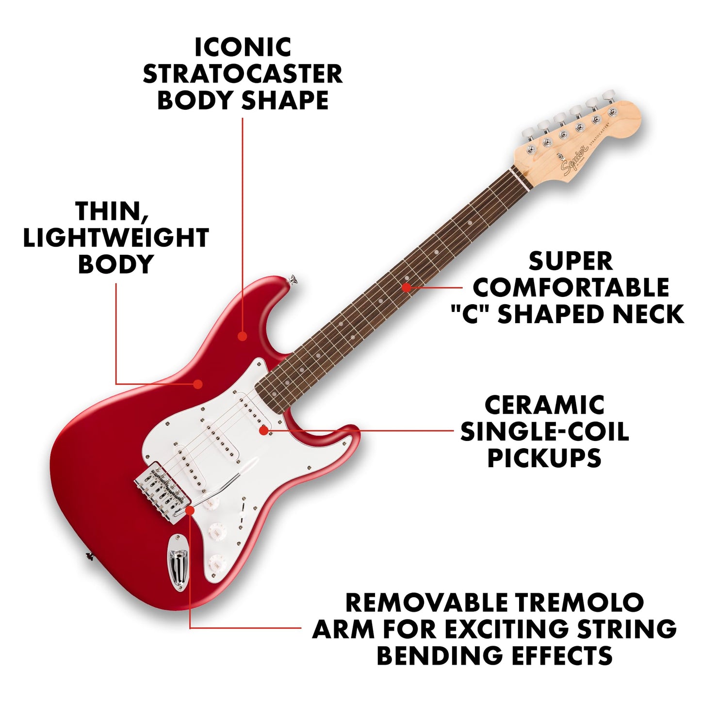 Squier by Fender Debut Collection Stratocaster Electric Guitar, Laurel Fingerboard, White Pickguard, Dakota Red