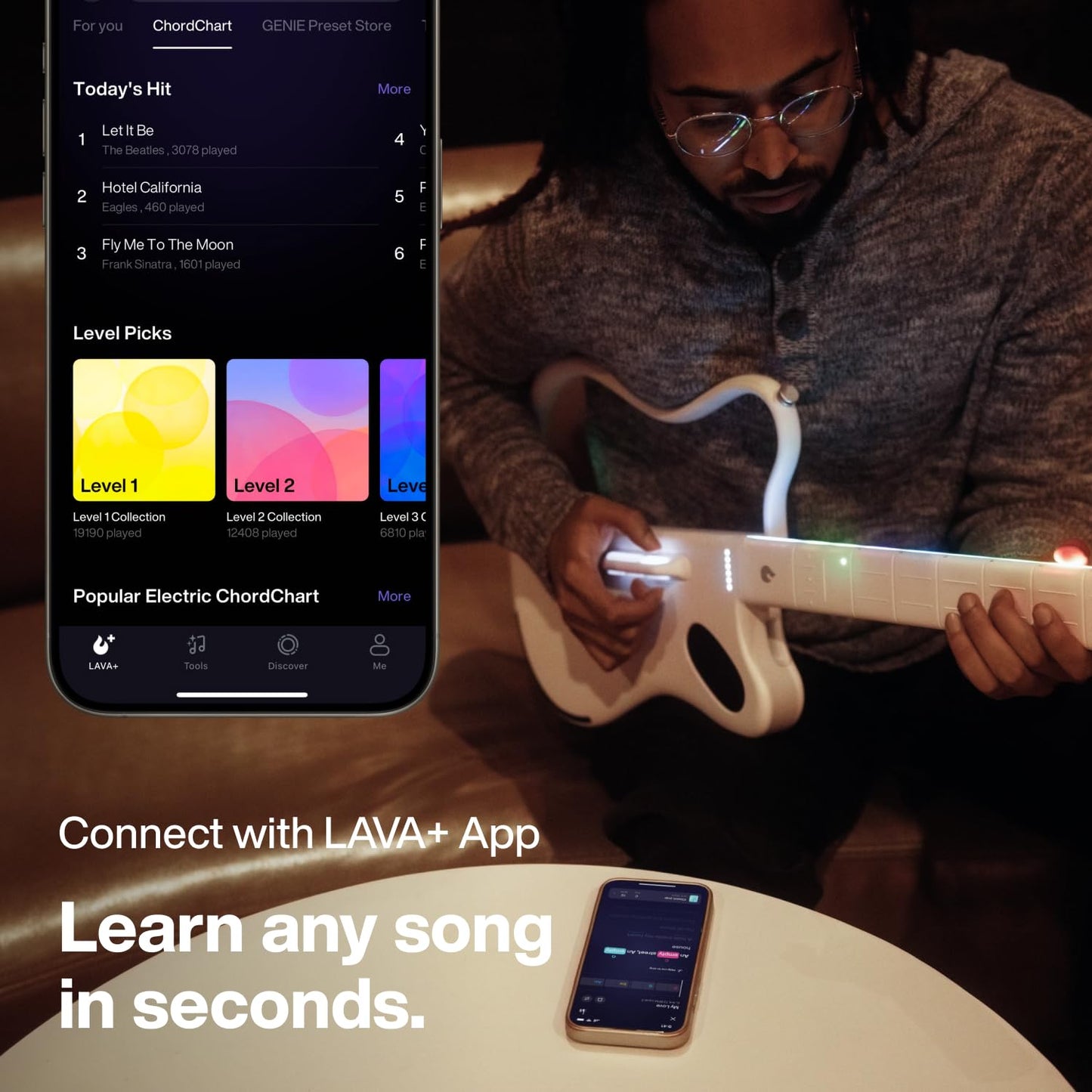 LAVA GENIE Sampler Guitar, No String Attached, Hundreds of Instrument Presets, Onboard Speaker, Foldable, Detachable, White, 30.5 inch.