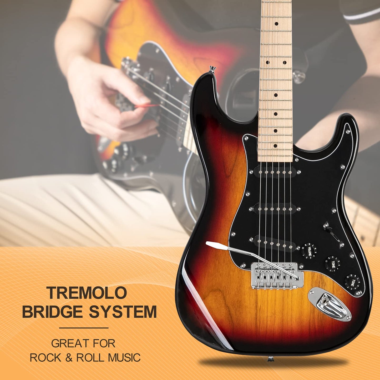 GLARRY Full Size Electric Guitar Kit for Beginner, GST Series Starter Package with 20W Amp and Accessories Pack Gig Bag, Strap Pick, Tremolo Bar, and Cable (Sunset)