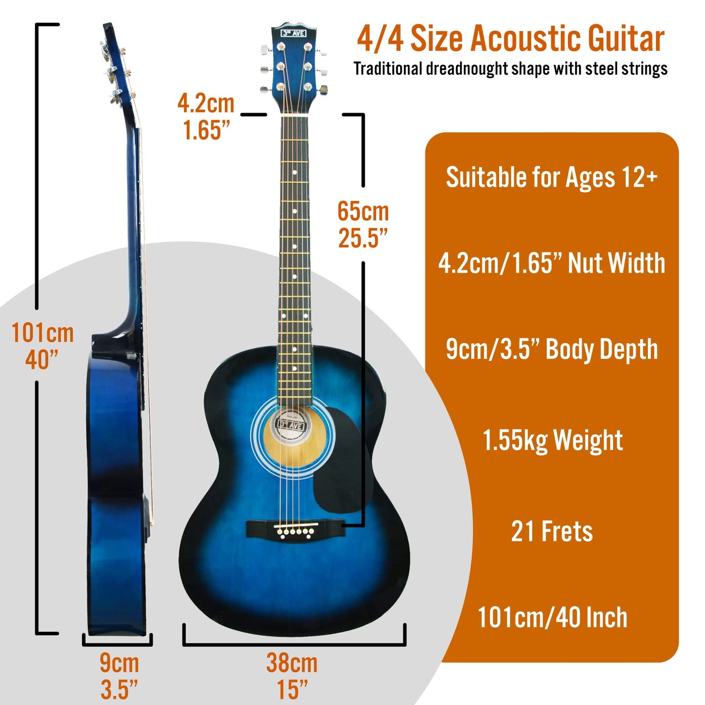 3rd Avenue Full Size 4/4 Acoustic Guitar Pack for Beginners - 6 Months FREE Lessons, Gig Bag, Picks, Spare Strings, Stand, Strap, Capo - Blue