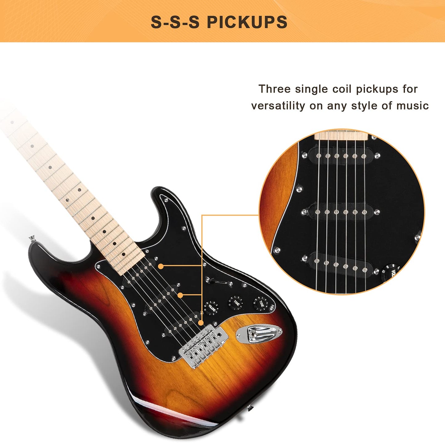 GLARRY Full Size Electric Guitar Kit for Beginner, GST Series Starter Package with 20W Amp and Accessories Pack Gig Bag, Strap Pick, Tremolo Bar, and Cable (Sunset)