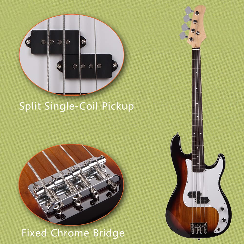 Bonnlo Electric Bass Guitar 4 Strings Full Size for Beginner Exquisite Basswood Burning Bass with Bag, Strap and Accessories (Sunset)