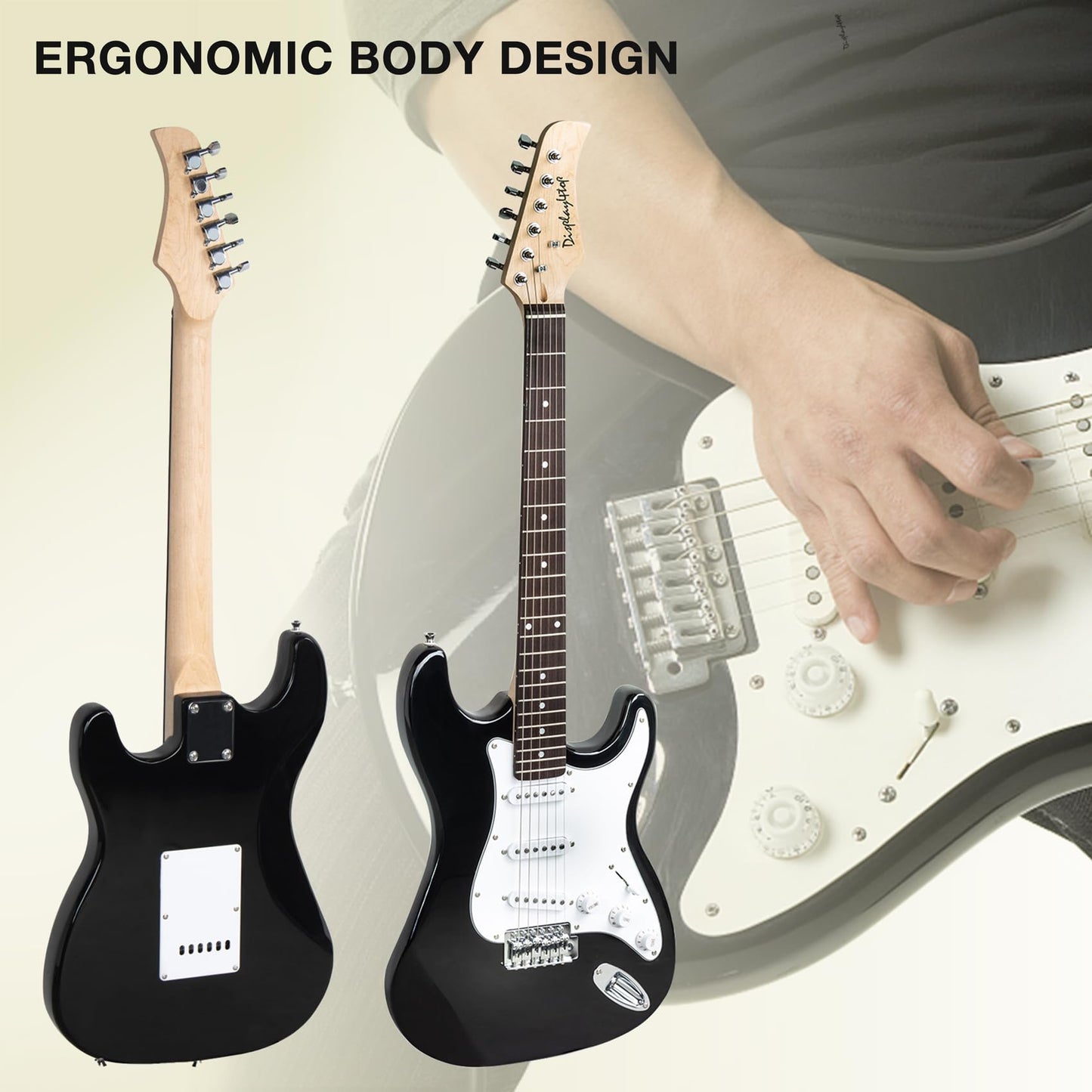 Display4top Full-Size Electric Guitar Most complete Beginner Super Kit Package with 20 Watt Amplifier, Guitar Stand, Bag, Guitar Pick, Strap,spare Strings, Tuner, Case and Cable (BlackWhite)
