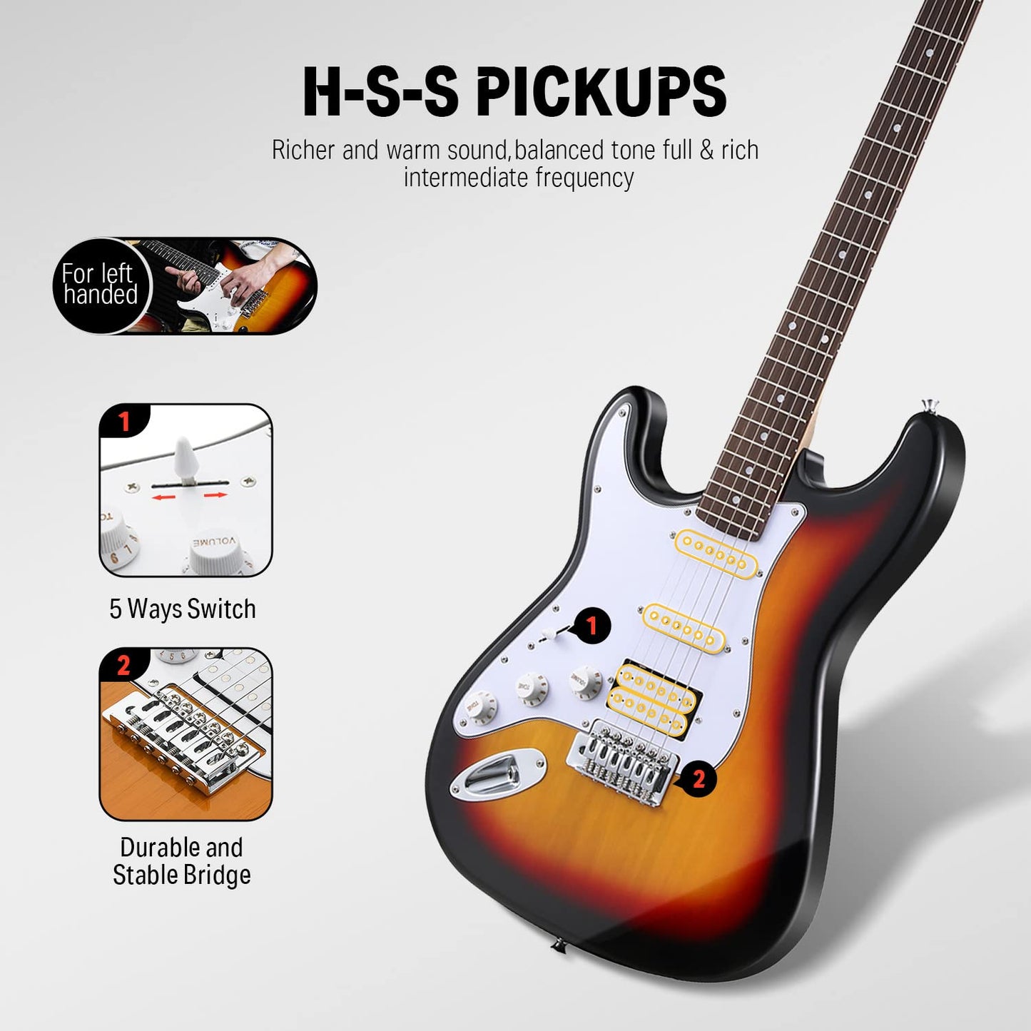 Donner 39 Inch Left-Handed Electric Guitar Kit Solid Body Sunburst Lefty Beginner Set Full-Size with Amplifier Bag Capo Strap String Tuner Cable Picks DST-100SL