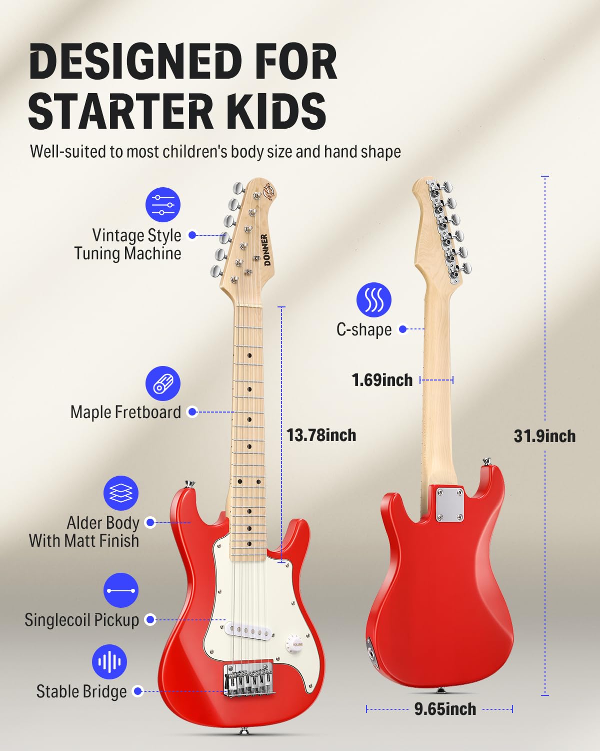 Donner 30 Inch Kids Junior Electric Guitar Beginner Kit ST Style Mini Guitar Premium Bundle with Amp, Tuner, Capo, Bag, Strap, String, Cable (DSJ-100, Red)