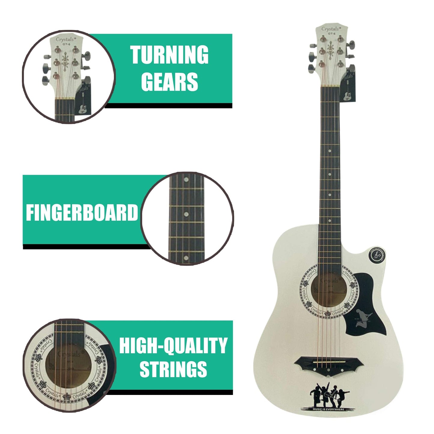 4/4 Size 38" Classic 6 Strings Acoustic Guitar Full Package Pack with Accessories (White)
