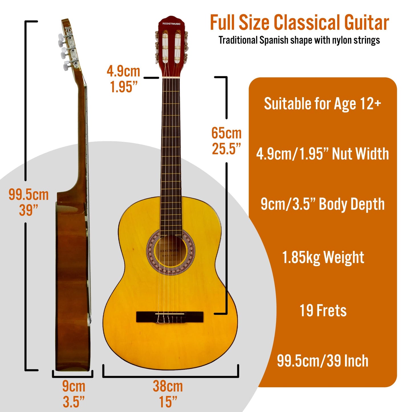 3rd Avenue XF Full Size 4/4 Classical Spanish Starter Beginner Pack Acoustic Guitar with Nylon Strings, Gig Bag, Capo and Picks – Natural