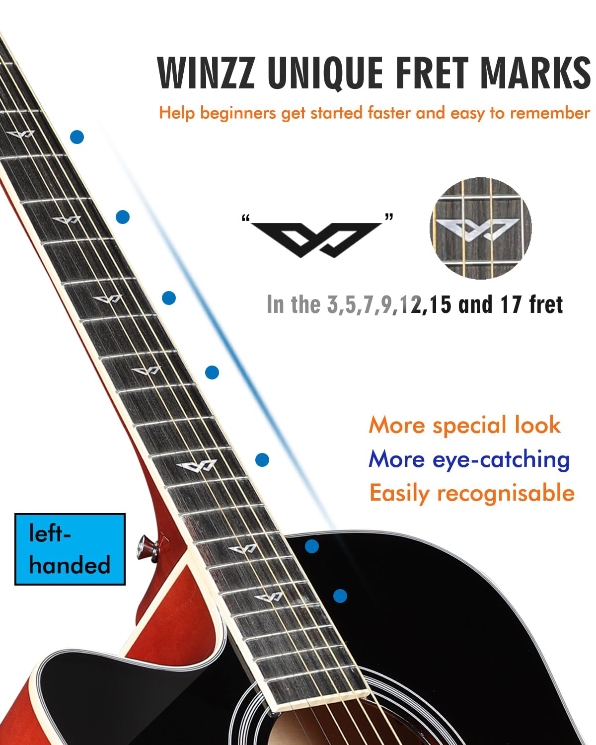 Winzz 4/4 Electro Acoustic Guitar, Left-Handed Western Guitar Set, Adult Beginners, Acoustic Guitar 41 Inch with 4-Band Equaliser (Dreadnought,Glossy Sunburst)