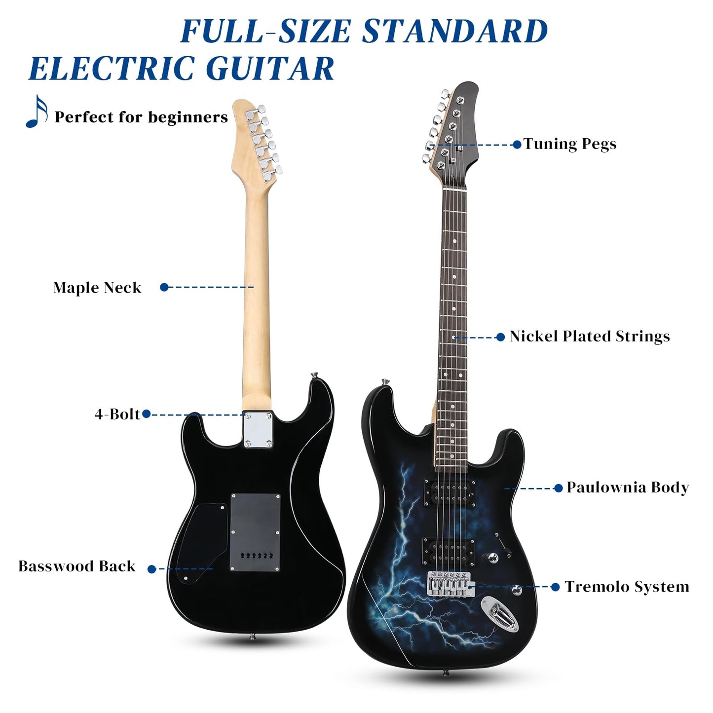 LALAHO Full Size Electric Guitar, 39" H-H Pickups Beginner Electric Guitars Kit with Shoulder Strap, Bag, Cable and Tremolo Arm (Lightning Blue)