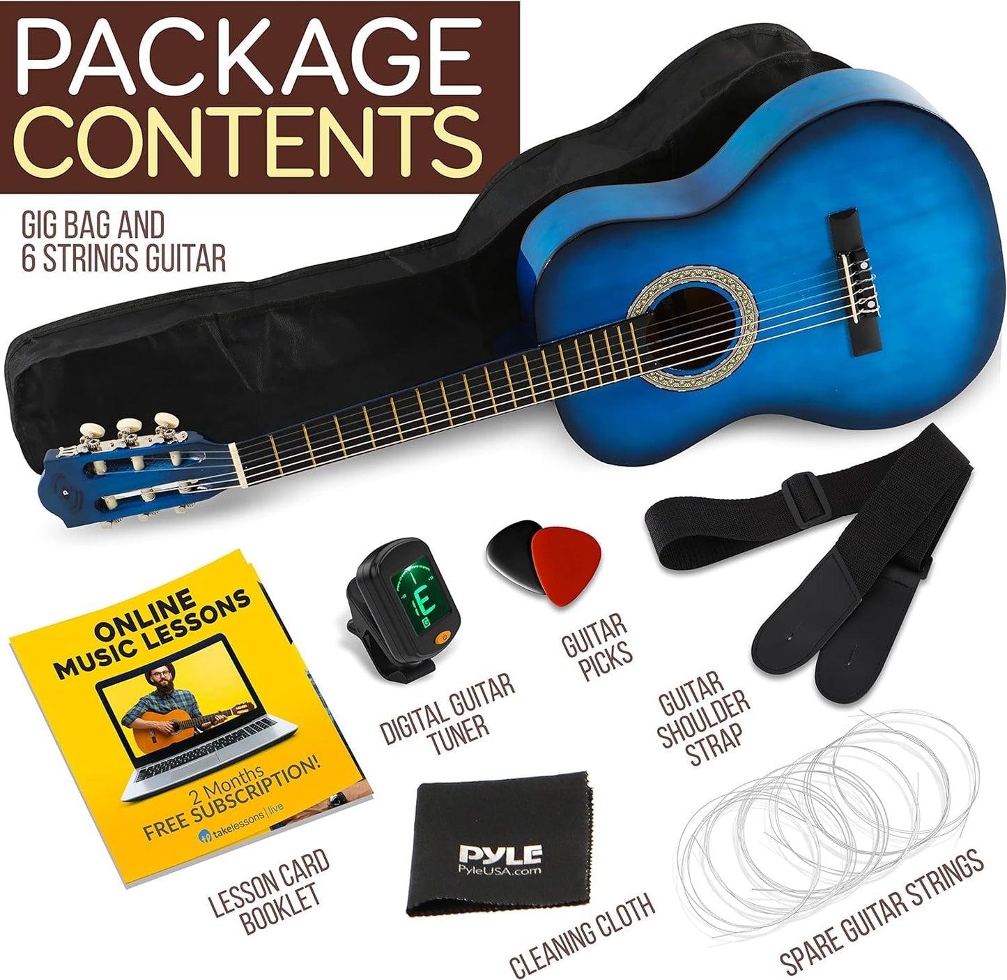Pyle 3/4 Acoustic Guitar, Classical Guitars, Junior Guitar-Size 91cm/36" Beginner Guitar Kit, for Kids & Adults w/Short Fingers, Accessories, Gig Bag, Strap, Right-Handed, Blue