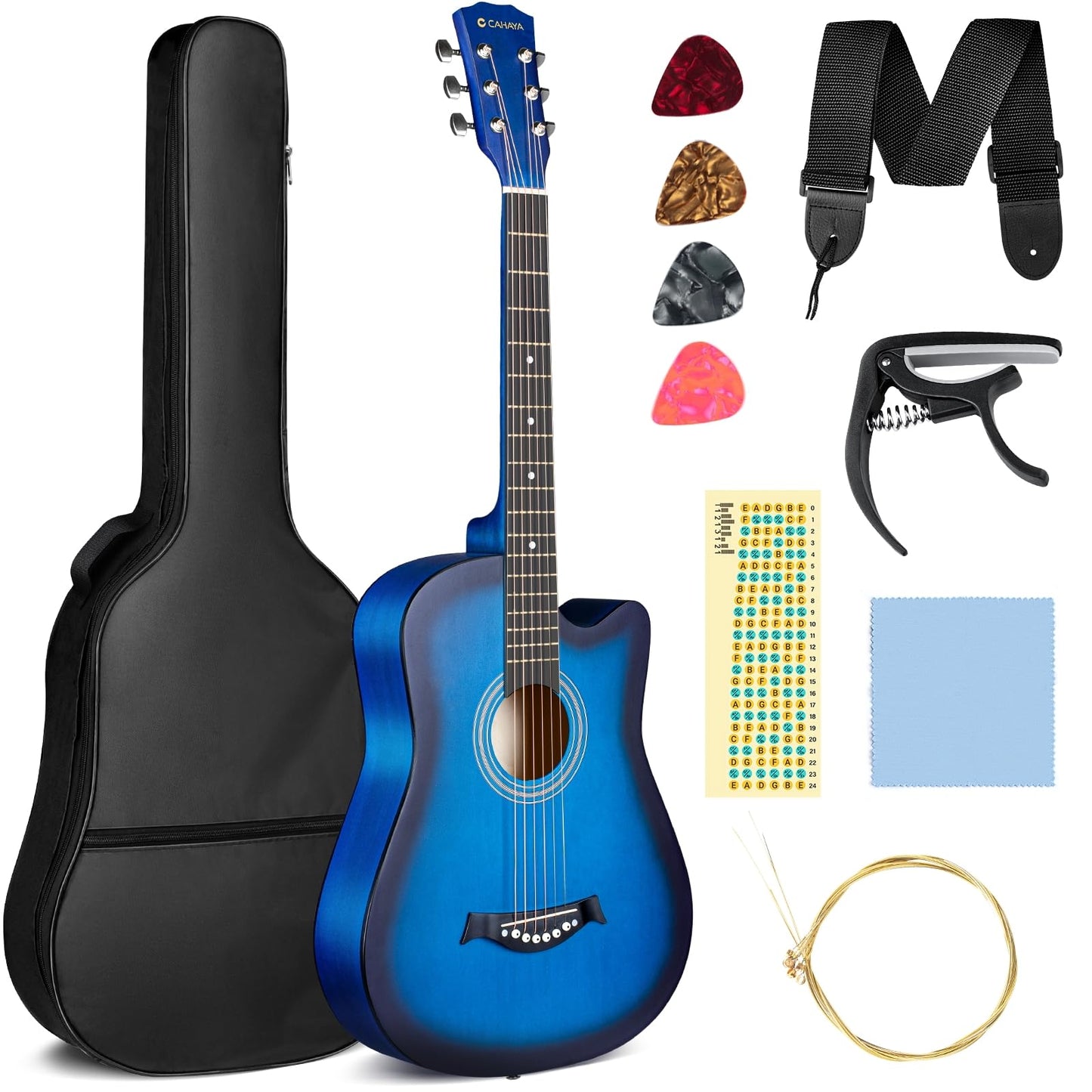 CAHAYA Full Size Acoustic Guitar 38 Inch Kit with Spare Strings, Bag, Strap, Picks, Capo, Stickers Blue, Model CY0354