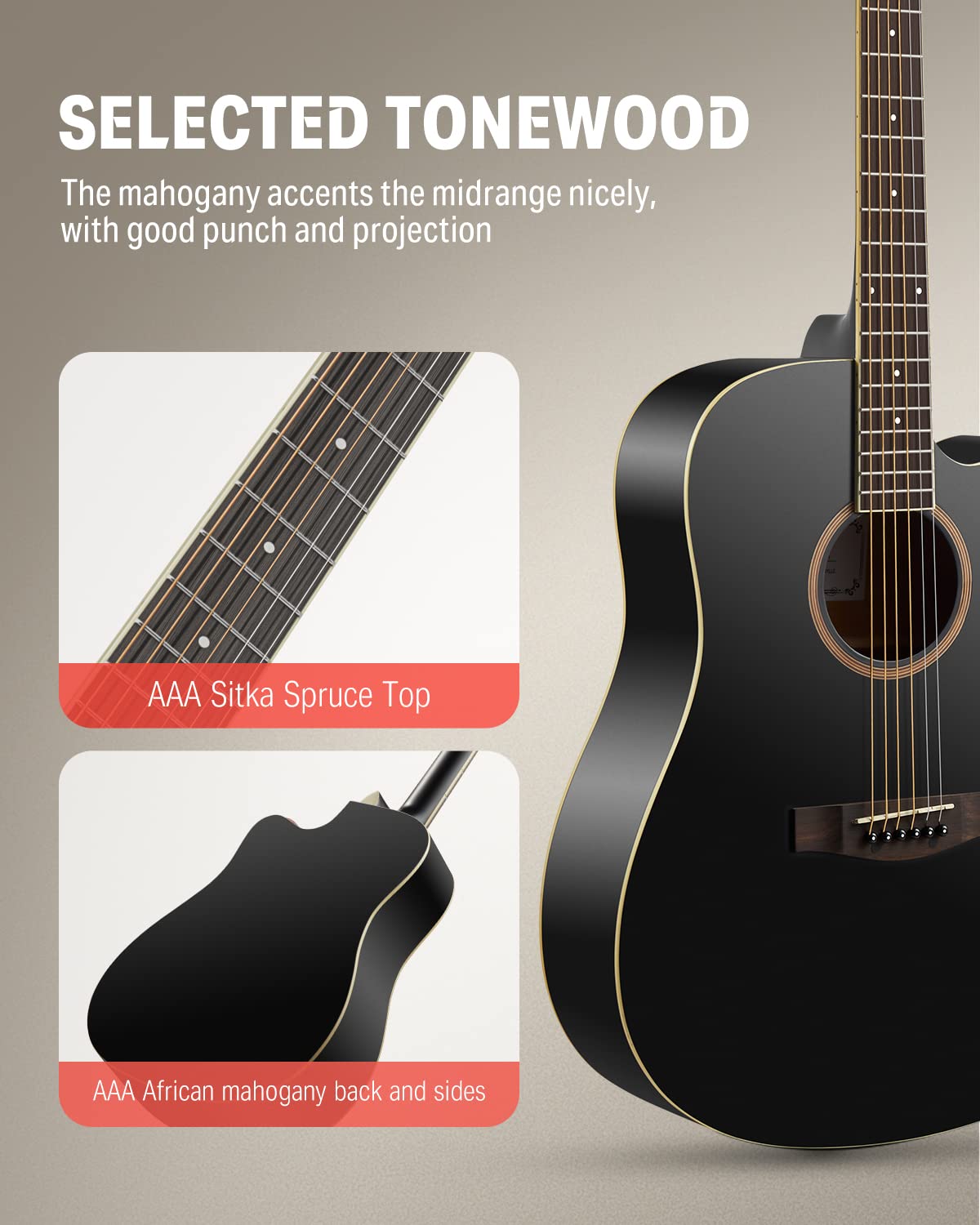 Donner Guitar Acoustic Full Size 4/4 Guitar Cutaway Beginner Adult Guitar 41 inch Kit with Gig Bag Tuner Strap Strings Capo Picks(Black)