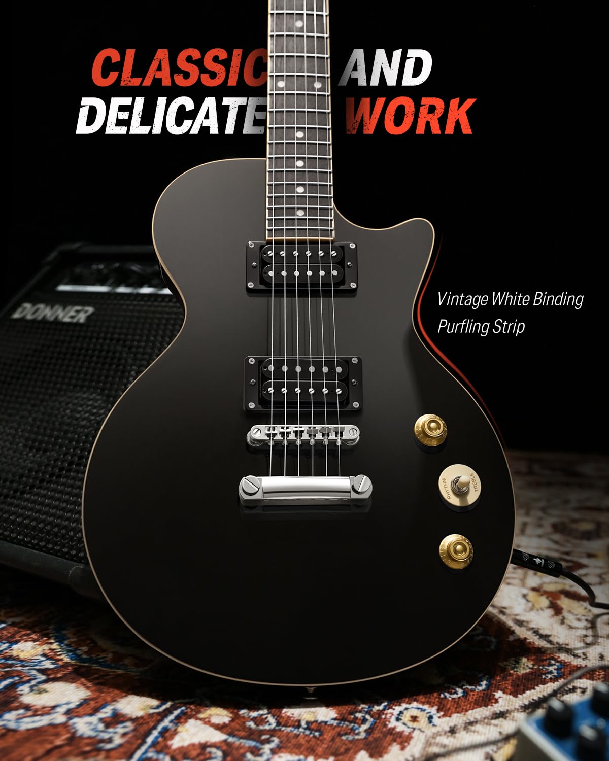 Donner LP Electric Guitar Kit Full Size Guitar Starter Set 39 Inch Solid Body with Bag, Strap, Cable (LP Style, Black)