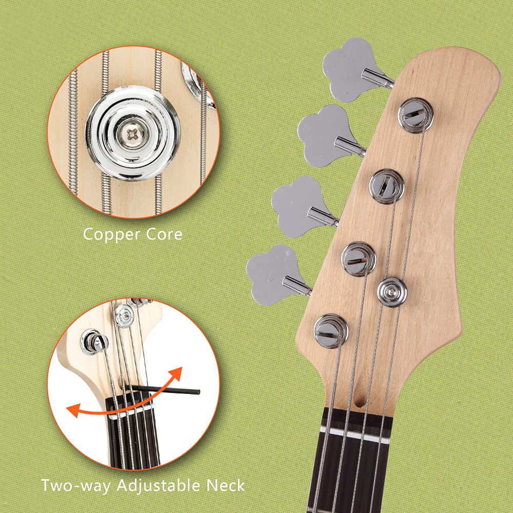 Bonnlo Electric Bass Guitar 4 Strings Full Size for Beginner Exquisite Basswood Burning Bass with Bag, Strap and Accessories (Sunset)